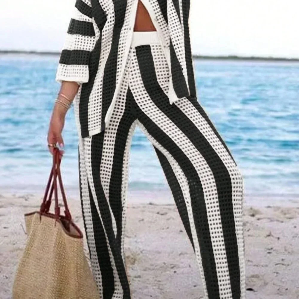 Black Casual Women's Polo Collar Hollow Out Striped Sweater Set - Picture 6 of 7